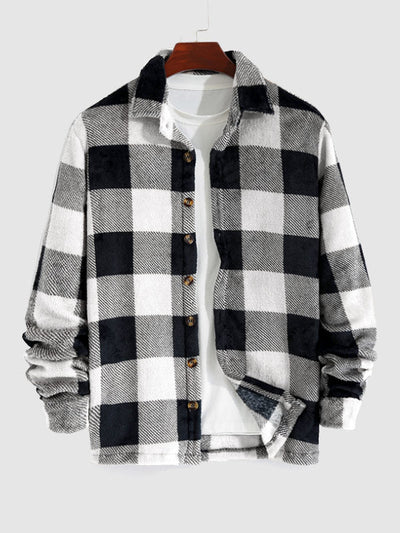 Men's vintage plaid flannel lapel button-down shirt jacket