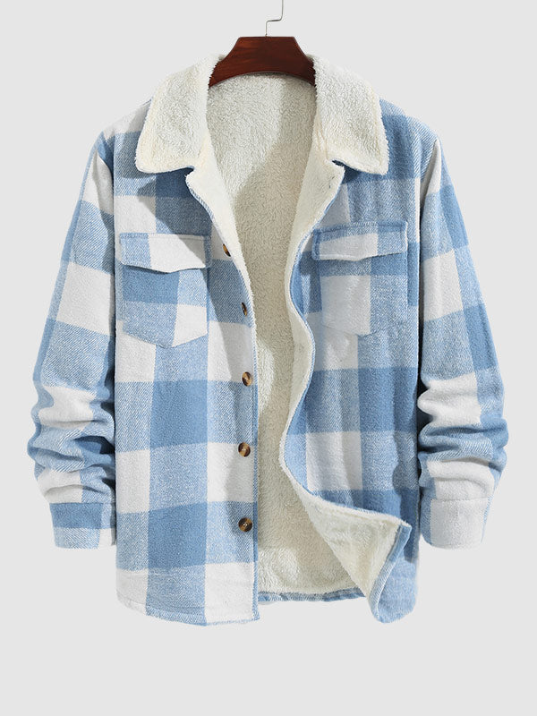 Men's Fleece-lined Check Wool Blend Button Double Pocket Jacket