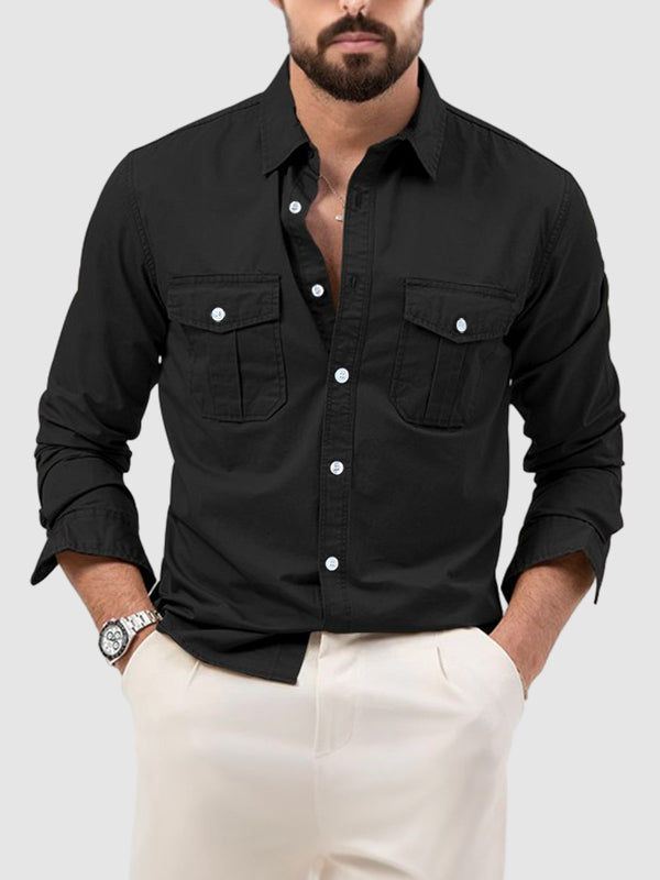 Men's Cargo Pocket Lapel Casual Loose Long Sleeve Shirt