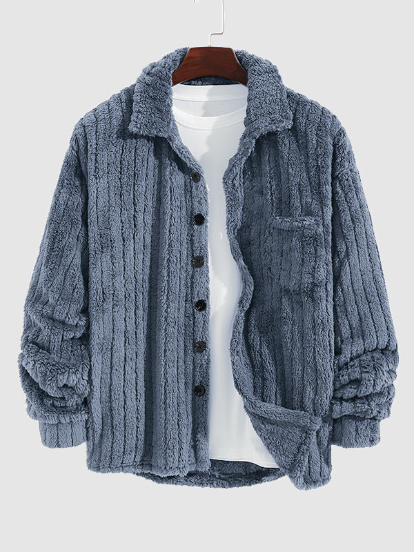 Men's Casual Warmth  Solid Color Button Front Fluffy Fleece Jacket