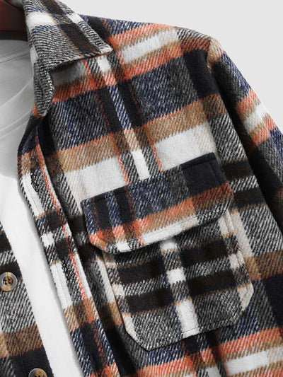 Men's vintage plaid thickened wool blend double pocket lapel jacket